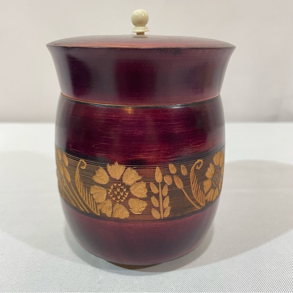 Source Unknown Other - Hamdcrafted Wooden Jar Box with lid Floral Hand Carved band
